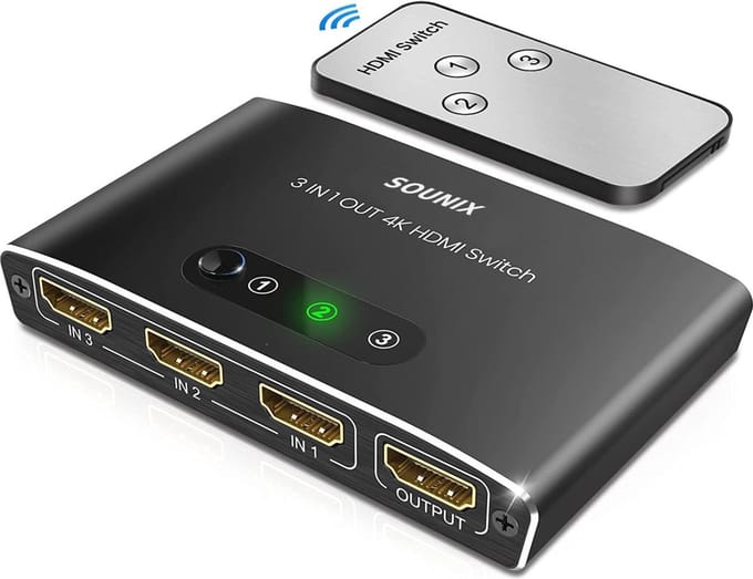 Sounix HDMI Switch - 3 in 1 uit Met afstandsbediening - Ondersteunt 4K - Aluminium