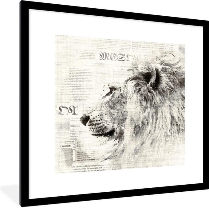 Fotolijst incl. Poster - Leeuw - Krant - Zwart - Wit - 40x40 cm - Posterlijst