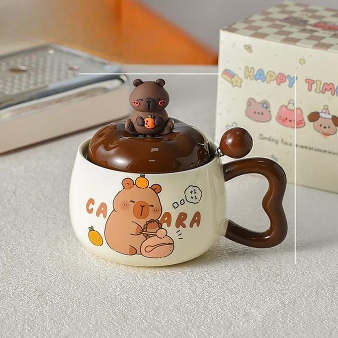 Tasse Capybara Mignonne Tasse avec Couvercle et Cuillère Céramique Créative Style Garçons Tasse à Petit Déjeuner pour Enfants Grande Capacité 400ml