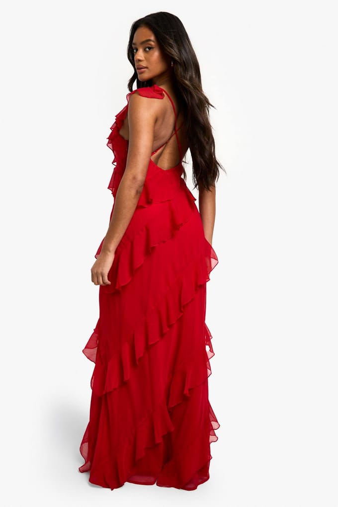 boohoo Dames Chiffon Ruffle Maxi-jurk met bandjes | Rood | Maat: 46