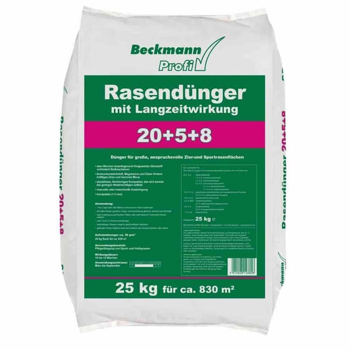 25 kg Rasendünger mit Langzeitwirkung 20+5+8 Beckmann f.ca. 830m²
