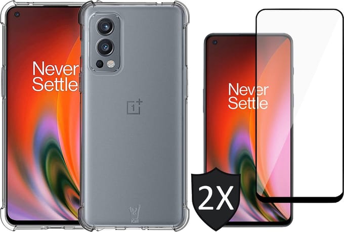 Hoesje geschikt voor OnePlus Nord 2 - Shock Siliconen Case Transparant met 2x Screenprotector Glas Full Screen Protector