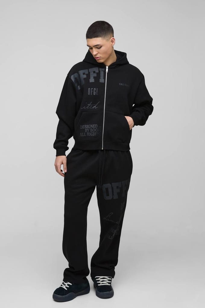 Oversized Boxy Officieel Tonal Print Zip Hoodie Trainingspak | Black | Size Medium