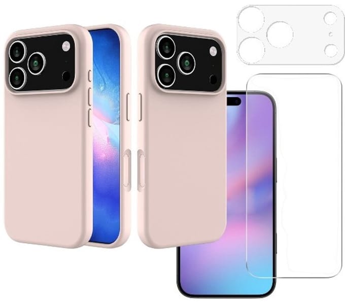 Shockproof Backcover - Liquid Silicone Soft Hoesje - Geschikt voor: iPhone 17 Pro - Roze + Screenprotector & Camera Lens Protector