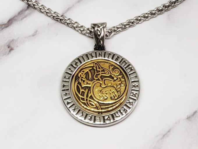 Mei's - Viking Spinning Wolf Moon - ketting heren - RVS zilver/goud - 70 cm