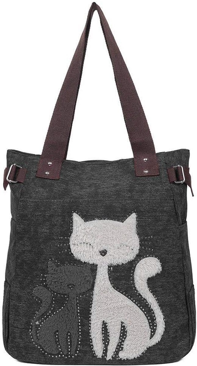 Canvas Schoudertas Dames - Handige Shopper met Schattige Kattenprint