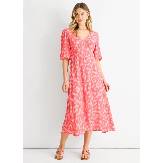 Roze viscose midi-jurk met dierenprint