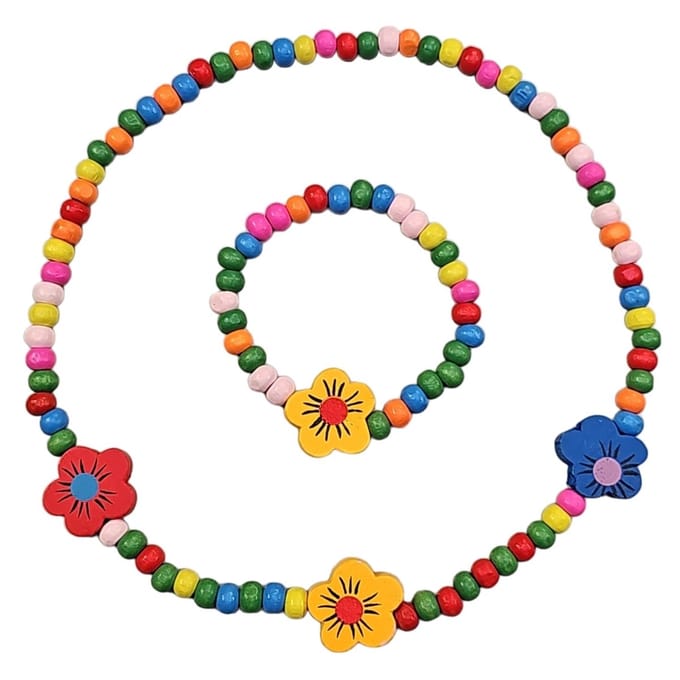 Fako Bijoux® - Kinderketting en Armband - Hout - Bloemetjes Open