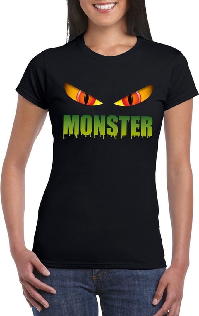 Halloween monster ogen t-shirt zwart dames - Halloween kostuum M