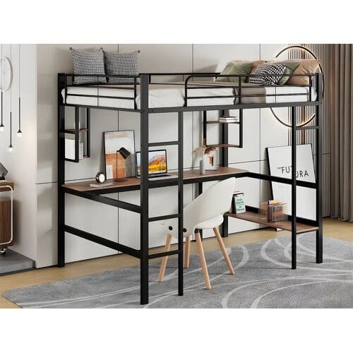 ModernLuxe IJzeren tussenbed - 90x200cm - met bureau en 5 planken - Zwart