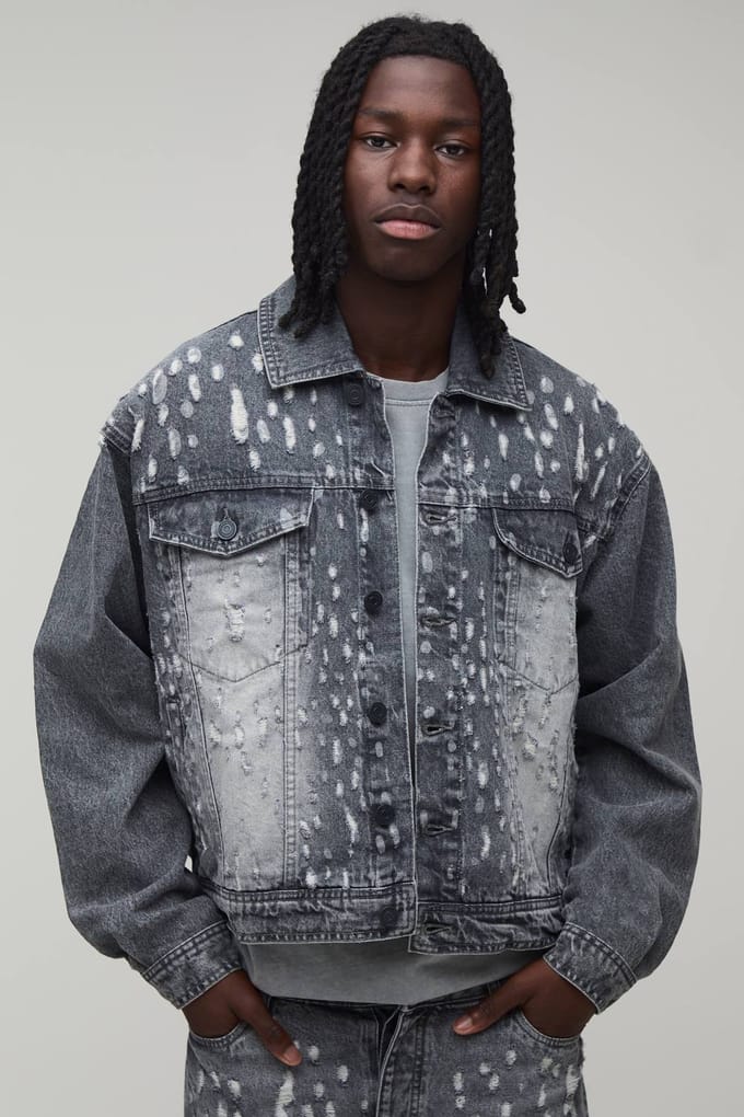 Extreme Distressed Oversized Boxy Denim Jacket | Charcoal | Size Small