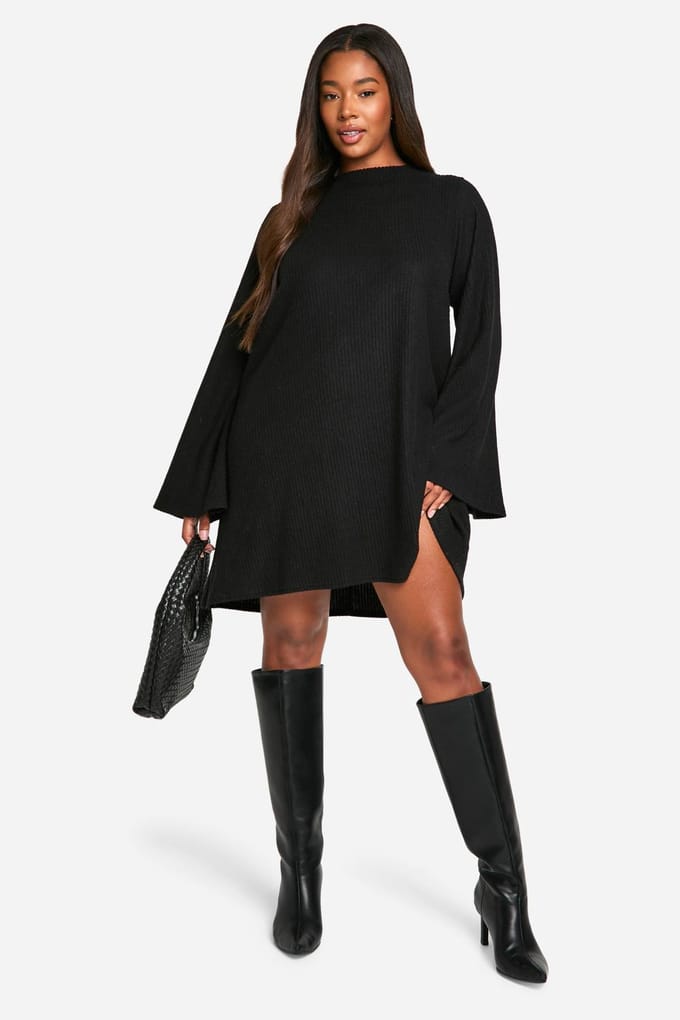 boohoo Dames Plus Soft Rib Tie Back Smock Jurk | Zwart | Maat: 50