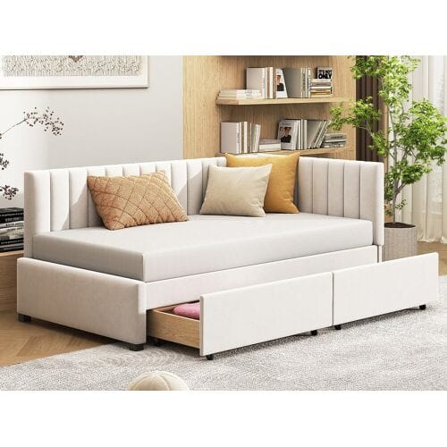 Merax Gestoffeerd bed 90 x 200 cm - Slaapbank met 2 lades - Fluweel - Beige