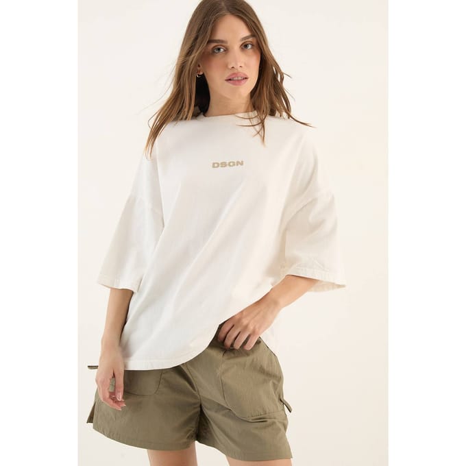Dames Dsgn Studio Zwaar Gewassen Oversized T-shirt Met Korte Mouwen | Creme | Maat: 3XL