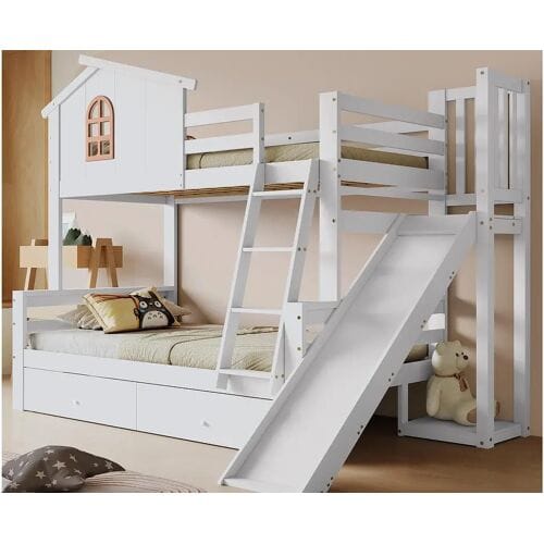 ModernLuxe Cabine stapelbed met glijbaan + lades - grenen frame - 90x200cm + 120x200cm - Wit