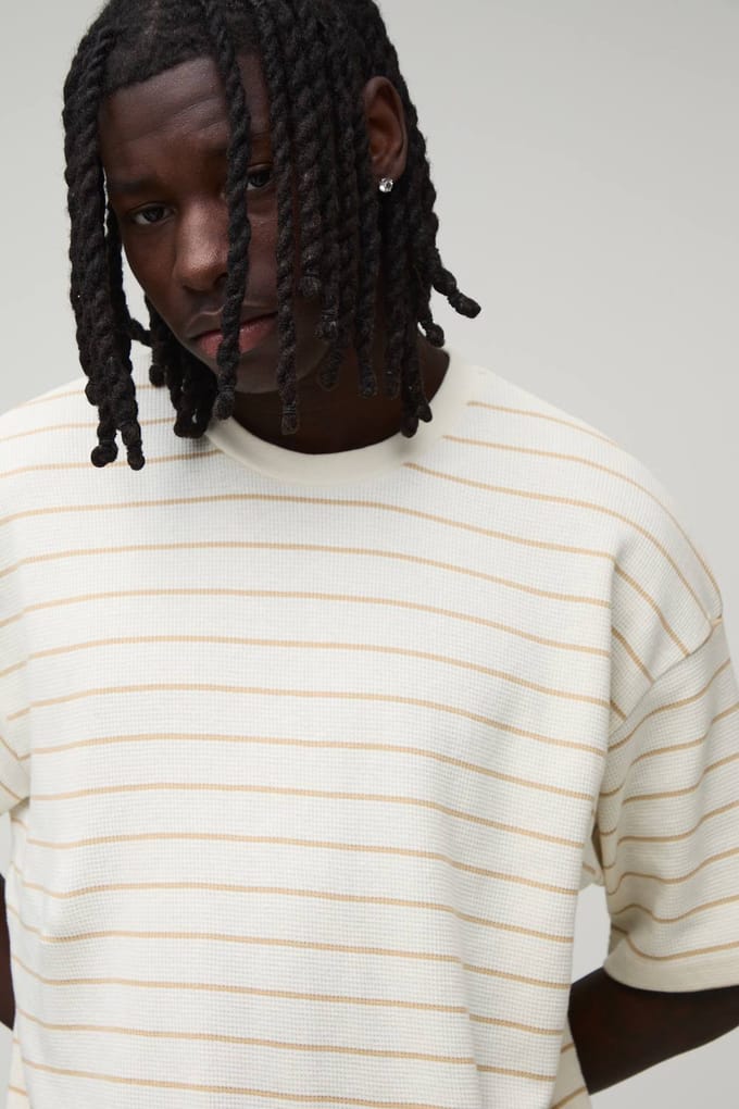 Oversized Striped Short Sleeve Waffle T-Shirt | Ecru | Size Large