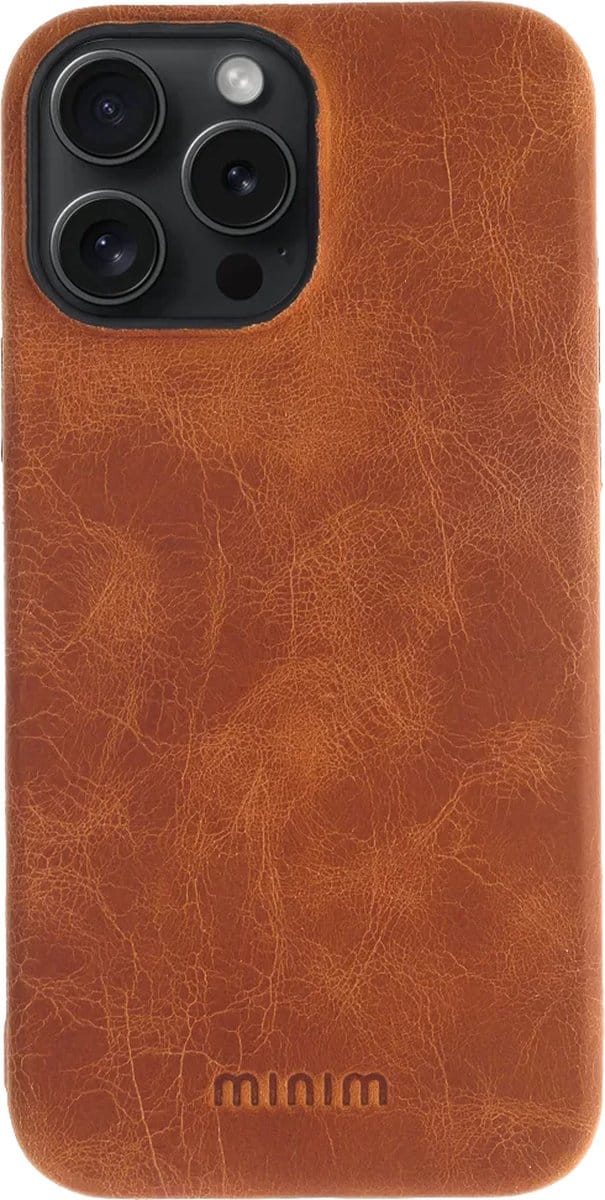 Minim Hoesje Echt Leer Geschikt voor Apple iPhone 15 Pro Max - Lederen Back Cover - Cognac