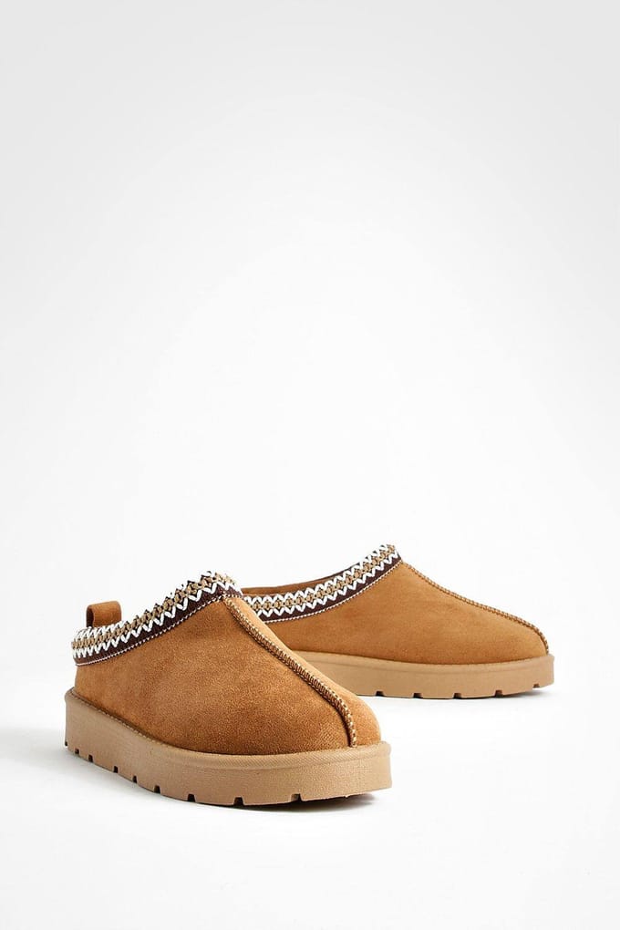 boohoo Dames Geborduurde Gezellige Mules | Kastanjebruin | Maat: 38