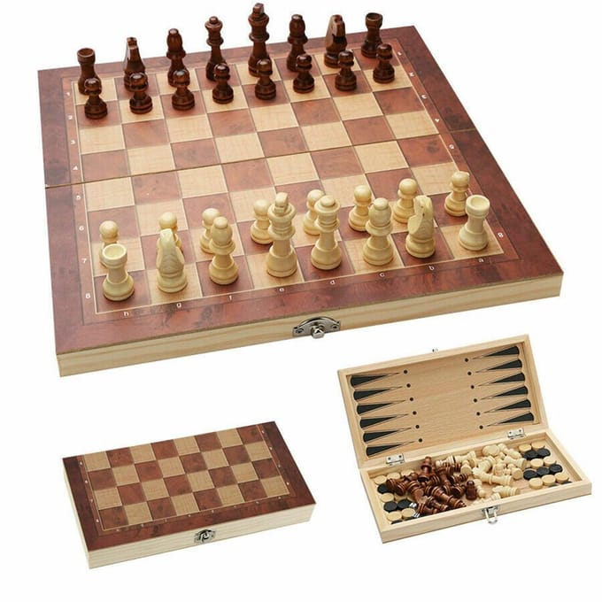 3in1 Groot OPVOUWBAAR HOUTEN SCHAAKSET Bordspel Dammen Backgammon Speelgoed beige