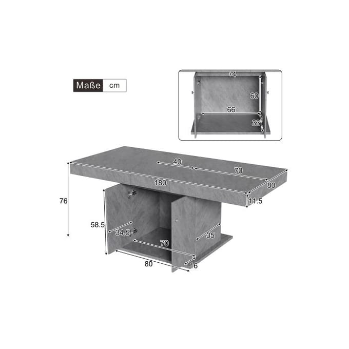 Uitschuifbare eettafel - MUVOE - L140/180*B80*H76cm - 8 personen - Betonlook - Multifunctioneel