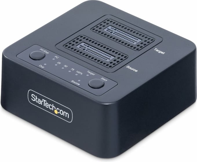 StarTech.com 1:1 M.2 NVMe Drive Duplicator, Standalone M.2 SSD Cloner/Copier tot 90GBpm, USB 3.2 20Gbps Dual-Bay M.2 Drive Dock, Inclusief USB-C/A Kabels