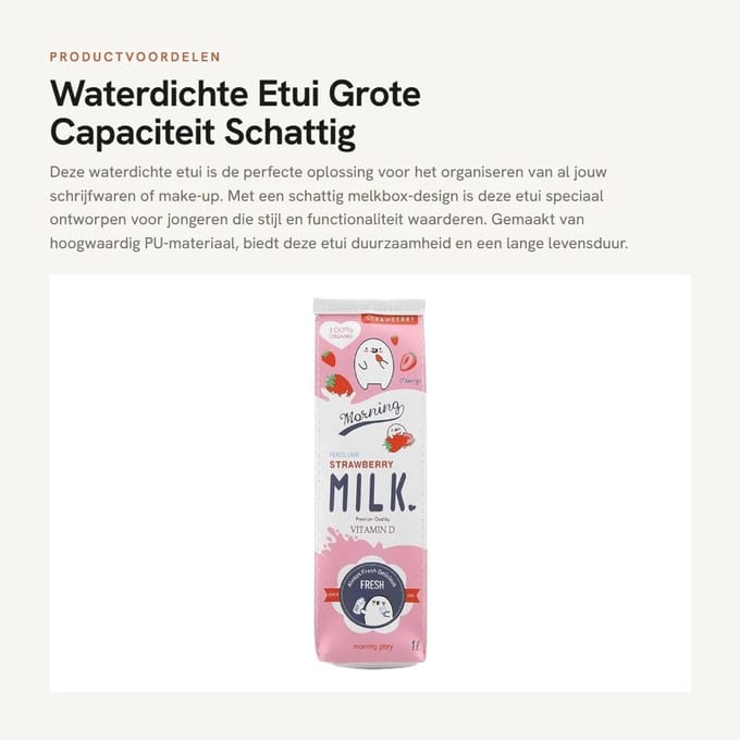 Dailygoods- Etui Waterdicht - Grote Capaciteit - Compact Formaat - Schattig Melkbox-Design - Duurzaam PU-Materiaal - Soepele Ritssluiting - Pennentas