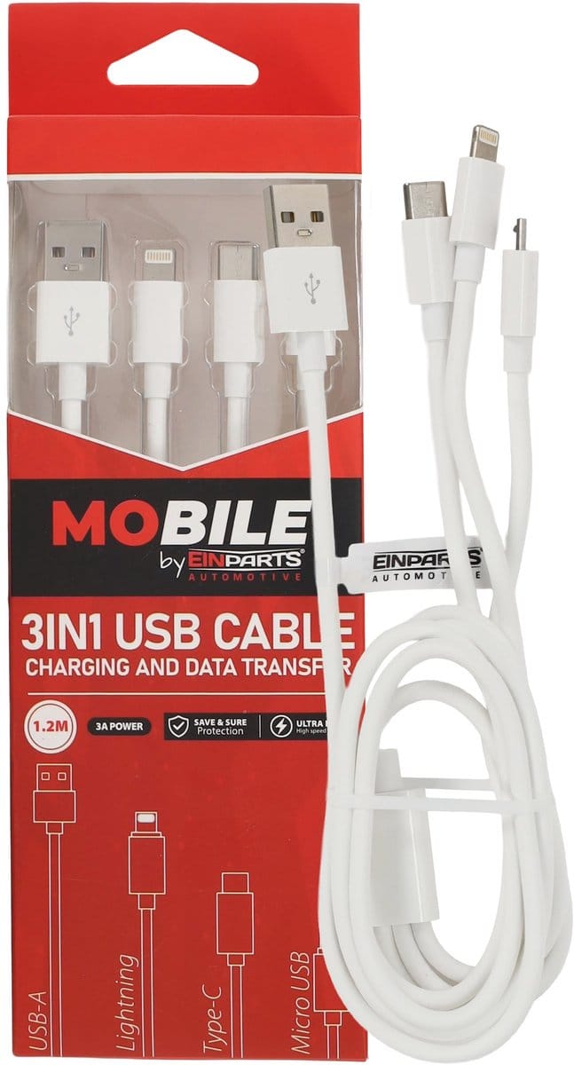 Einparts 3-In-1 Kabel 12M 3A Voor Micro-Usb, Lightning En Usb-C Opladen