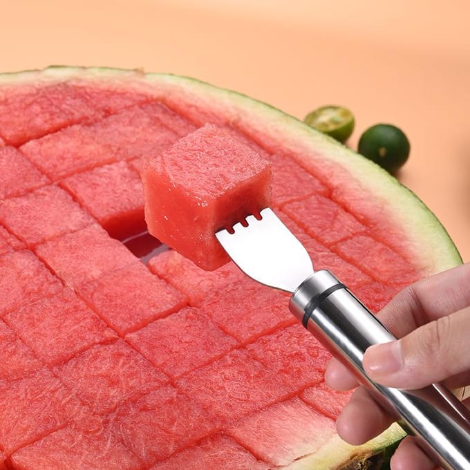 Coupe-pastèque en acier inoxydable, ustensile de cuisine pour salade et fruits argenté