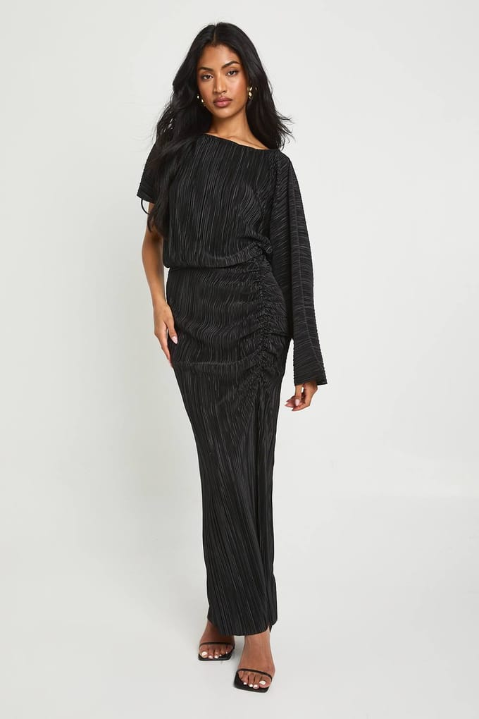 boohoo Dames Plisse Gerufelde Gespleten Maxi Jurk | Black | Maat: 8