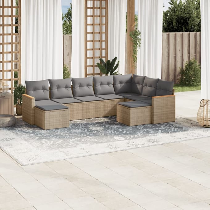 vidaXL - 9-delige - Loungeset - met - kussens - poly - rattan - gemengd - beige