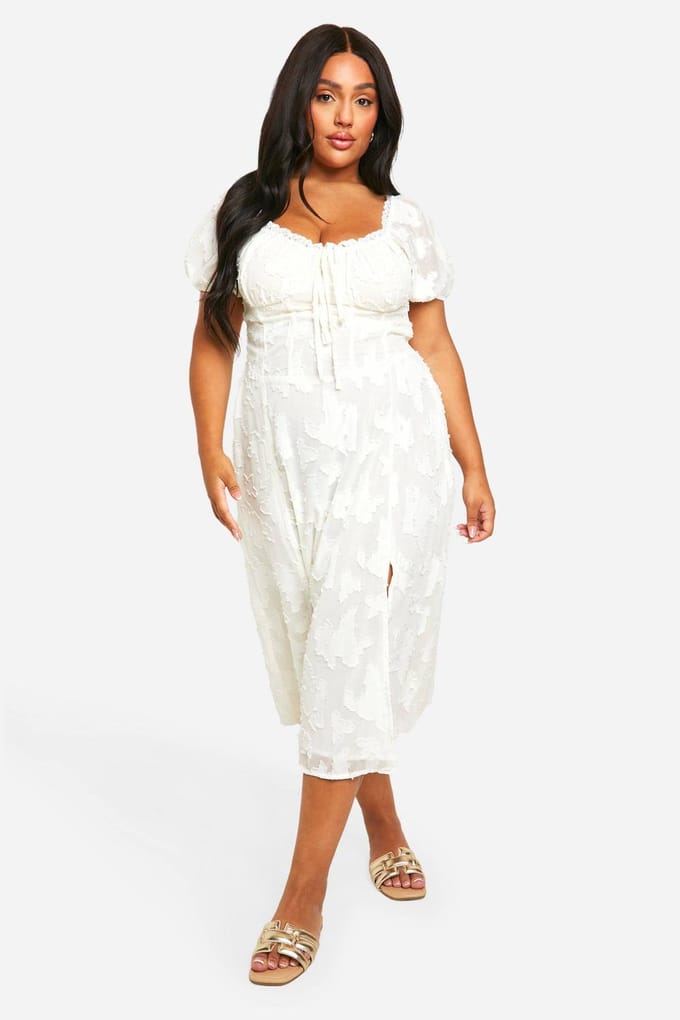 boohoo Dames Plus Burnout Milkmaid Midi Jurk | Wit | Maat: 44