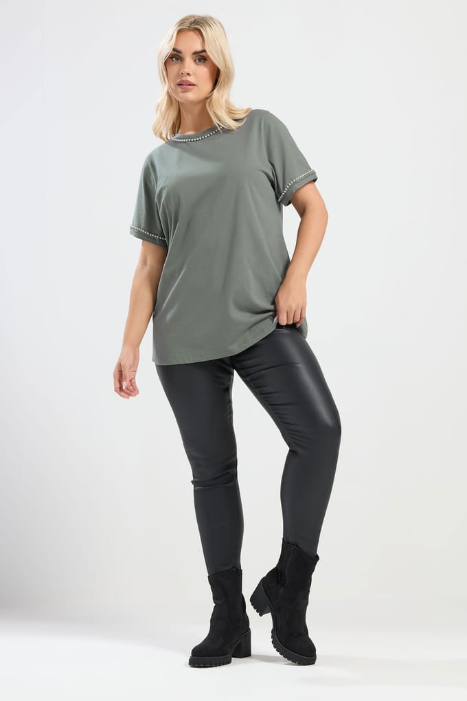 Yours Saliegroene Tshirt Met Parelrand Size 54-56