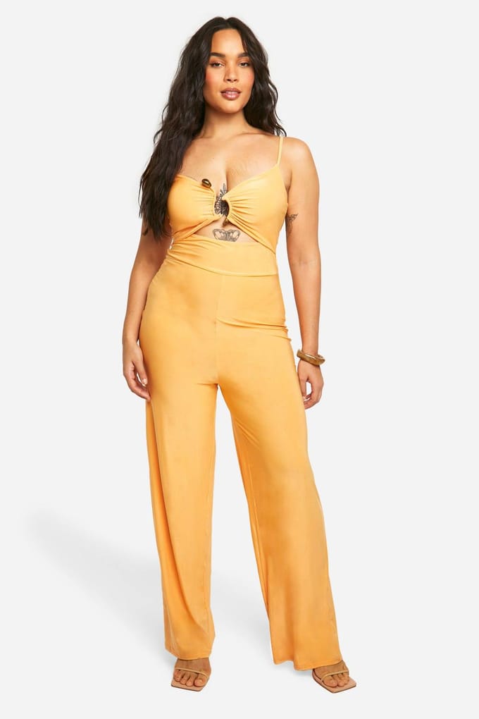 boohoo Dames Plus Slinky Ruched Front Wide Leg Jumpsuit | Geel | Maat: 56