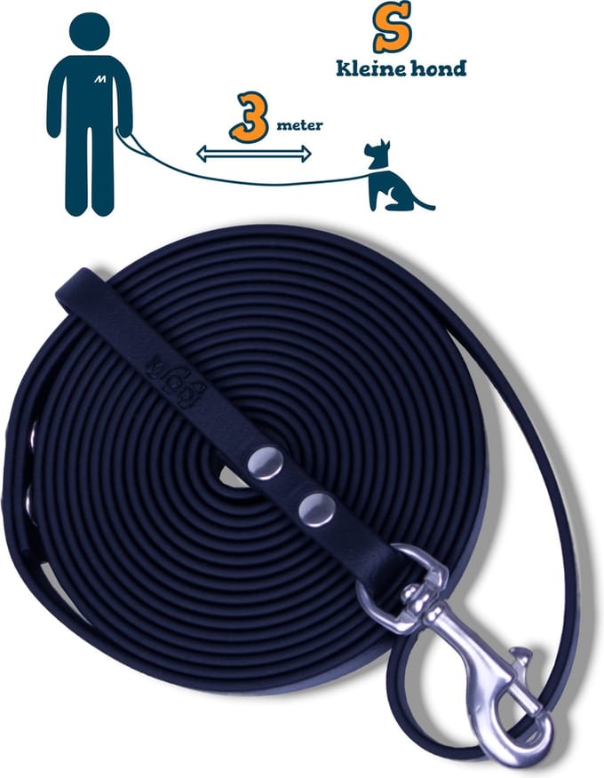 Miqdi hondenriem - BioThane – zwart – 3 meter lang – 9mm breed – XS/S – kleine hond