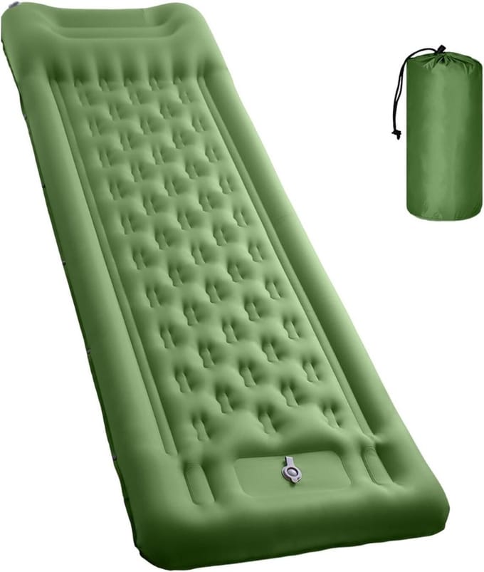 Slaapmat Camping - Kampeermatras Opblaasbaar - Buiten slapen - Ingebouwde voetpomp - 11 cm dik - Olijfgroen
