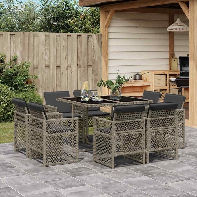 vidaXL - 9-delige - Tuinset - met - kussens - poly - rattan - grijs