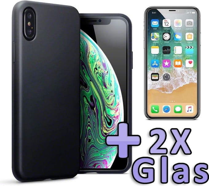 HB Hoesje Geschikt voor Apple iPhone XS Max - Siliconen Back Cover / 2X Glazen Screenprotector - Zwart