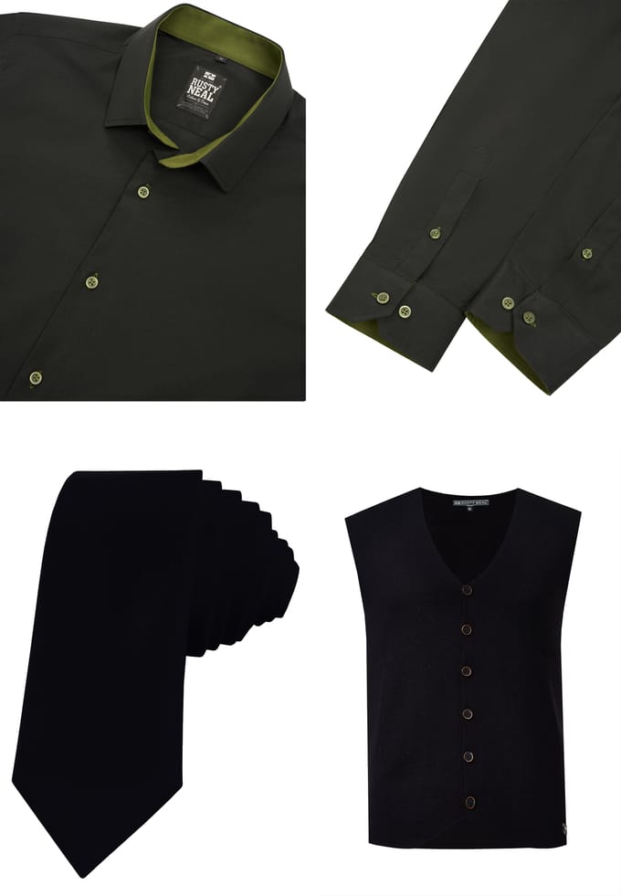 Driedelig pak met overhemd, vest en stropdas