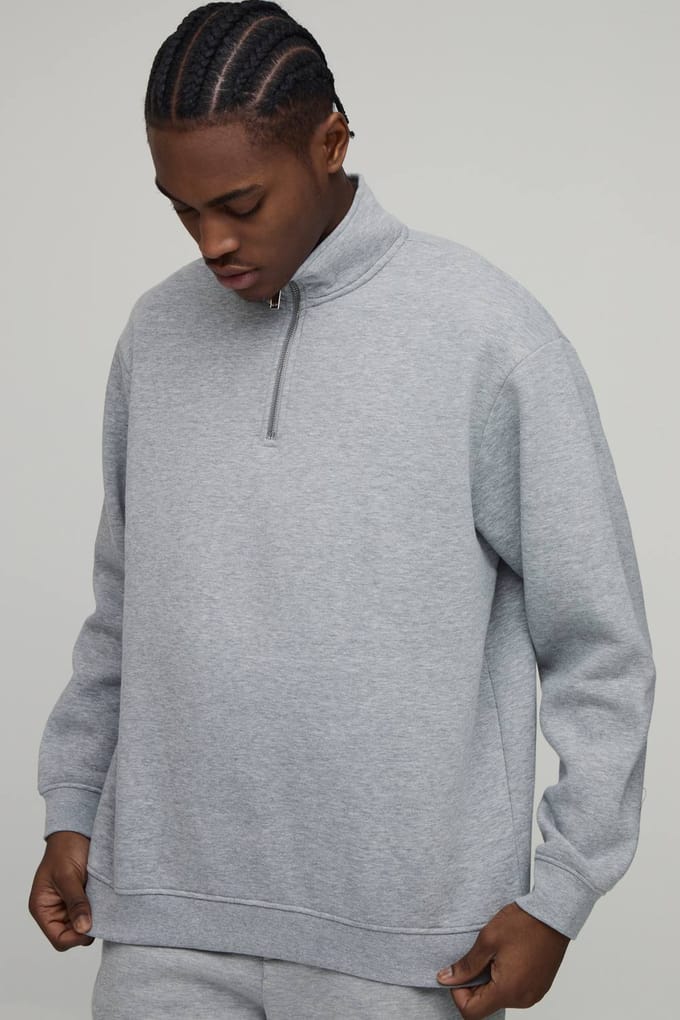 Essential Oversized Quarter Zip Funnel Neck Sweatshirt | Grey Marl | Size Small