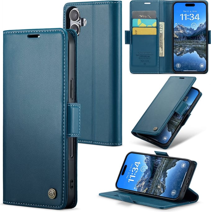 CaseMe Wallet Case met RFID Bescherming en Magneetsluiting voor iPhone 16 Plus _ Blauw