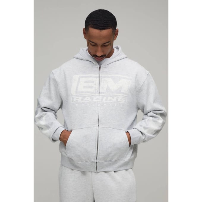 Grijze Gemêleerde Oversized Boxy Hoodie Met Raceprint En Rits | Grey Marl | Size Medium