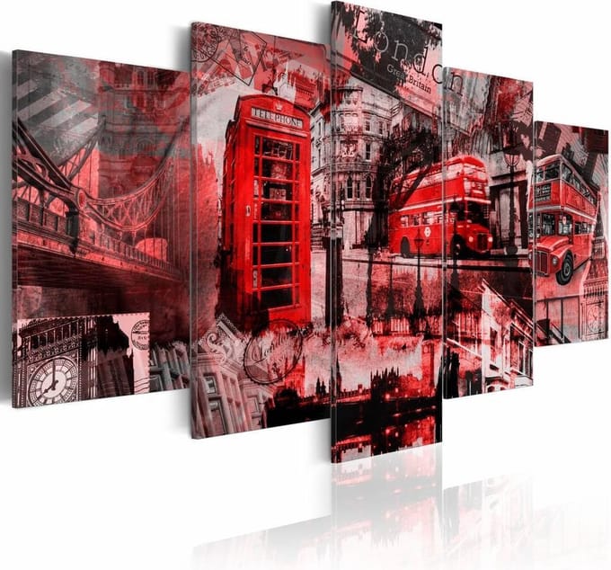 Schilderij - Londen collage, Rood, 5luik, premium print