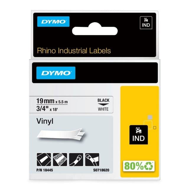 DYMO Rhino industriële Vinyl Labels | 19 mm x 5,5 m | zwarte afdruk op wit | zelfklevende labels voor Rhino & LabelManager labelprinters