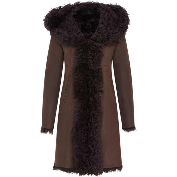 Dames bruine Toscaanse schapenvacht leren trenchcoat met capuchon - Coast