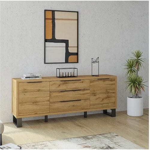 Meublorama Buffetkast MILO met twee deuren, drie laden. Kleur eiken met zwarte afwerking. Industriële stijl.