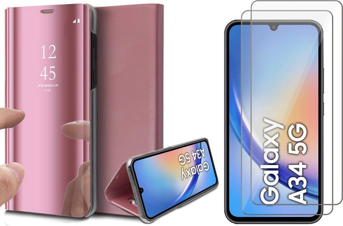Hoesje geschikt voor Samsung Galaxy A34 - 2x Screen Protector GlassGuard - Book Case Spiegel Roségoud & Screenprotector