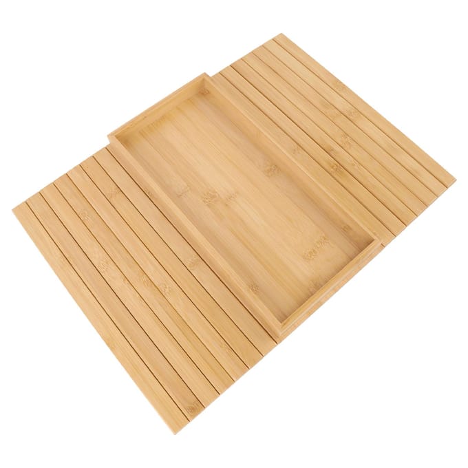 Flexibele Bankleuning Organizer Bamboe Hout Opvouwbaar Rechthoekig Antislip Sofa Leuning Dienblad Tafel beige