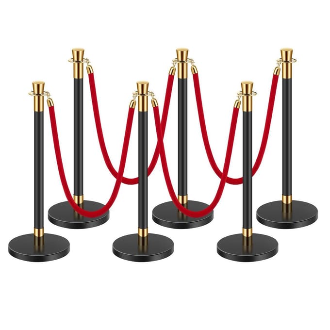 6 Piliers de Signalisation avec 4 Cordes en Velours Rouge et Base Creuse à Injection de Sable