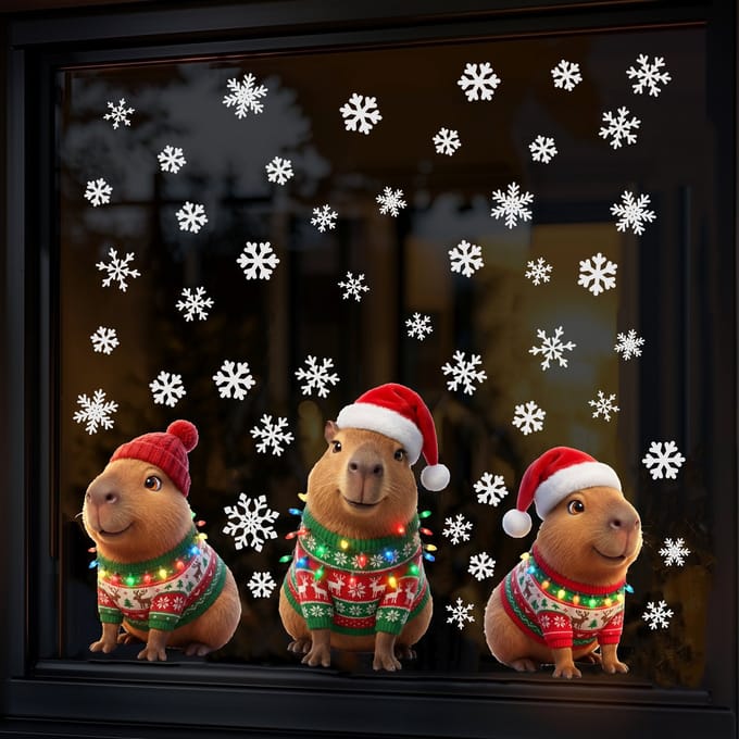Raamstickers Capybara MEDIUM - met extra sneeuwvlokken - Herbruikbare kerst stickers