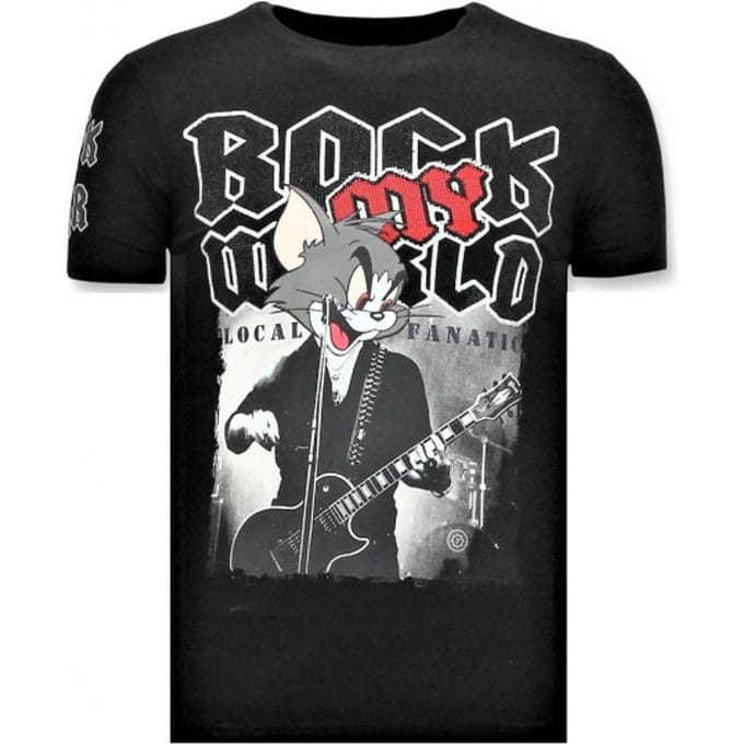 Funny T-Shirt Mannen- Rock My World Cat - Zwart